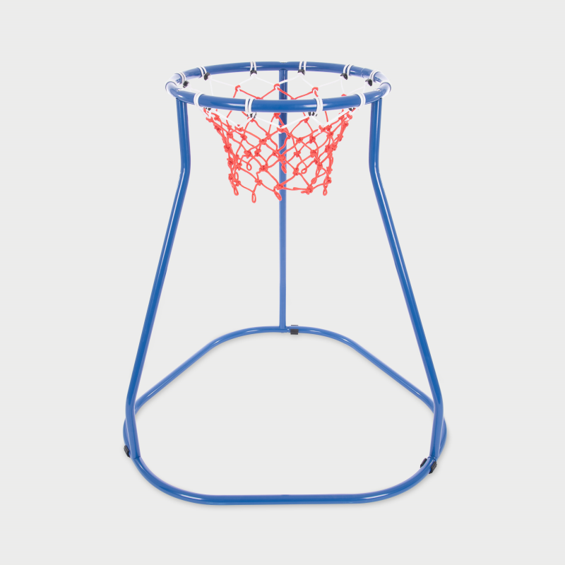 Blue basketball stand with red net on a white background