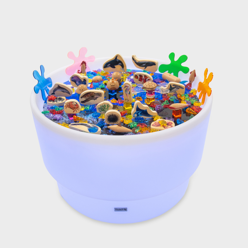 Colourful sensory table with toys on a white background