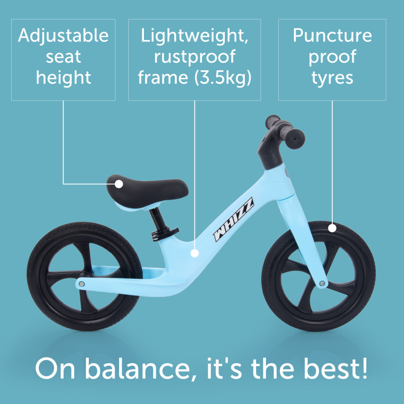 Light blue balance bike with features highlighted on a blue background