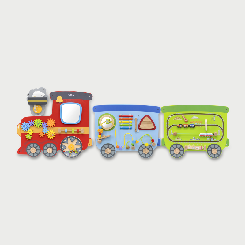Colourful toy train with interactive elements on a light grey background