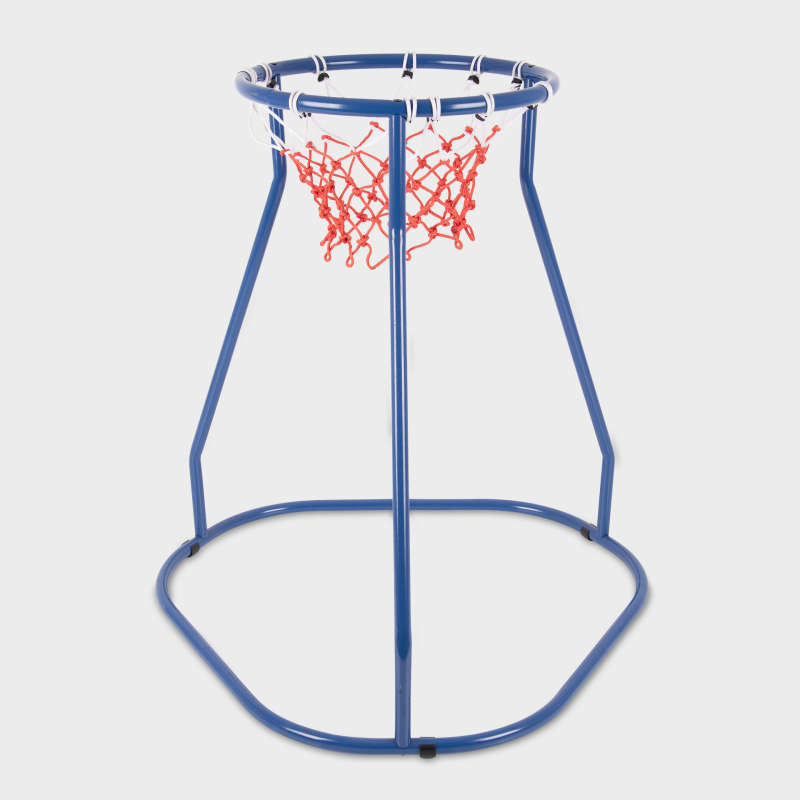 Blue basketball hoop stand with red net on a white background