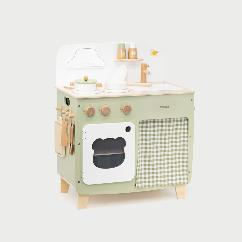 Children's wooden play kitchen set on a white background