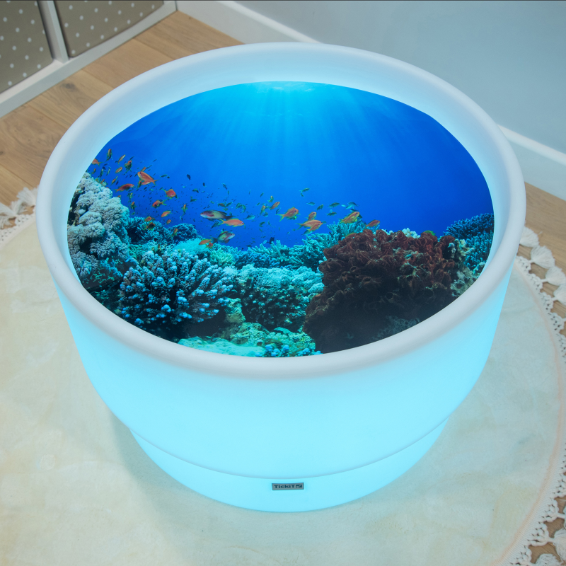 Round sensory table with a coral reef design play mat