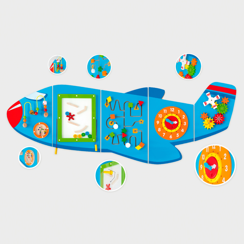 Colourful airplane-shaped educational toy with various interactive elements on a light Gray background