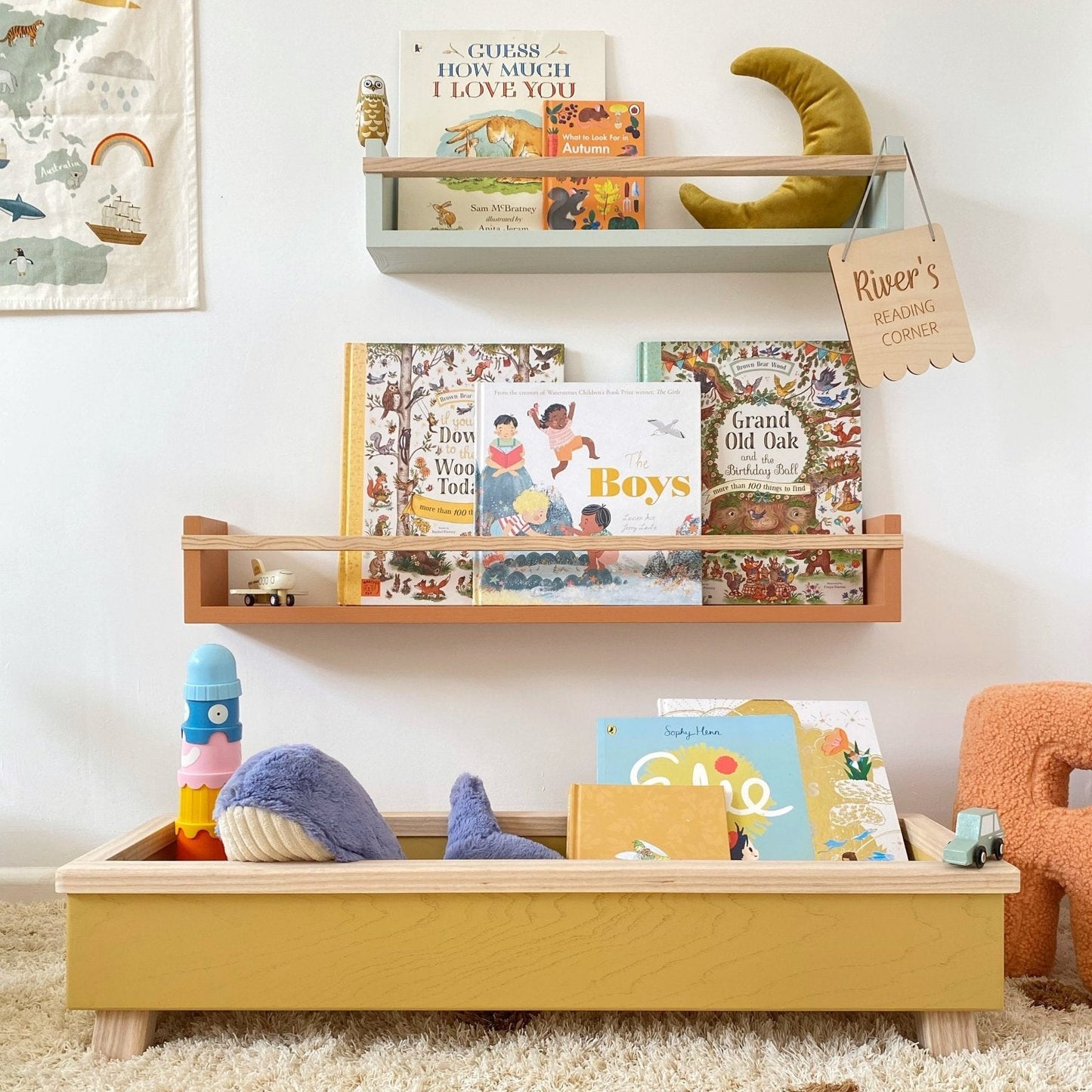 Children's room with shelves displaying books and toys on a carpeted floor.