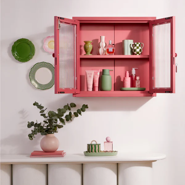 Cabinet on wall with doors open