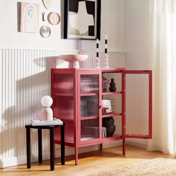 Pinkberry cabinet with glass door open