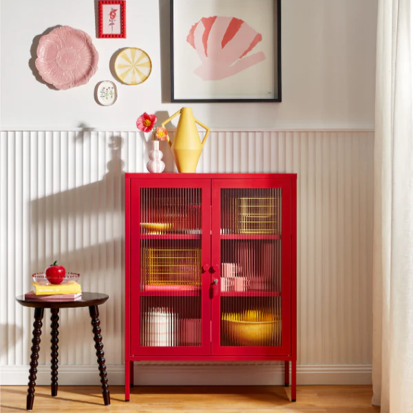 Red poppy cabinet in a living room evironment