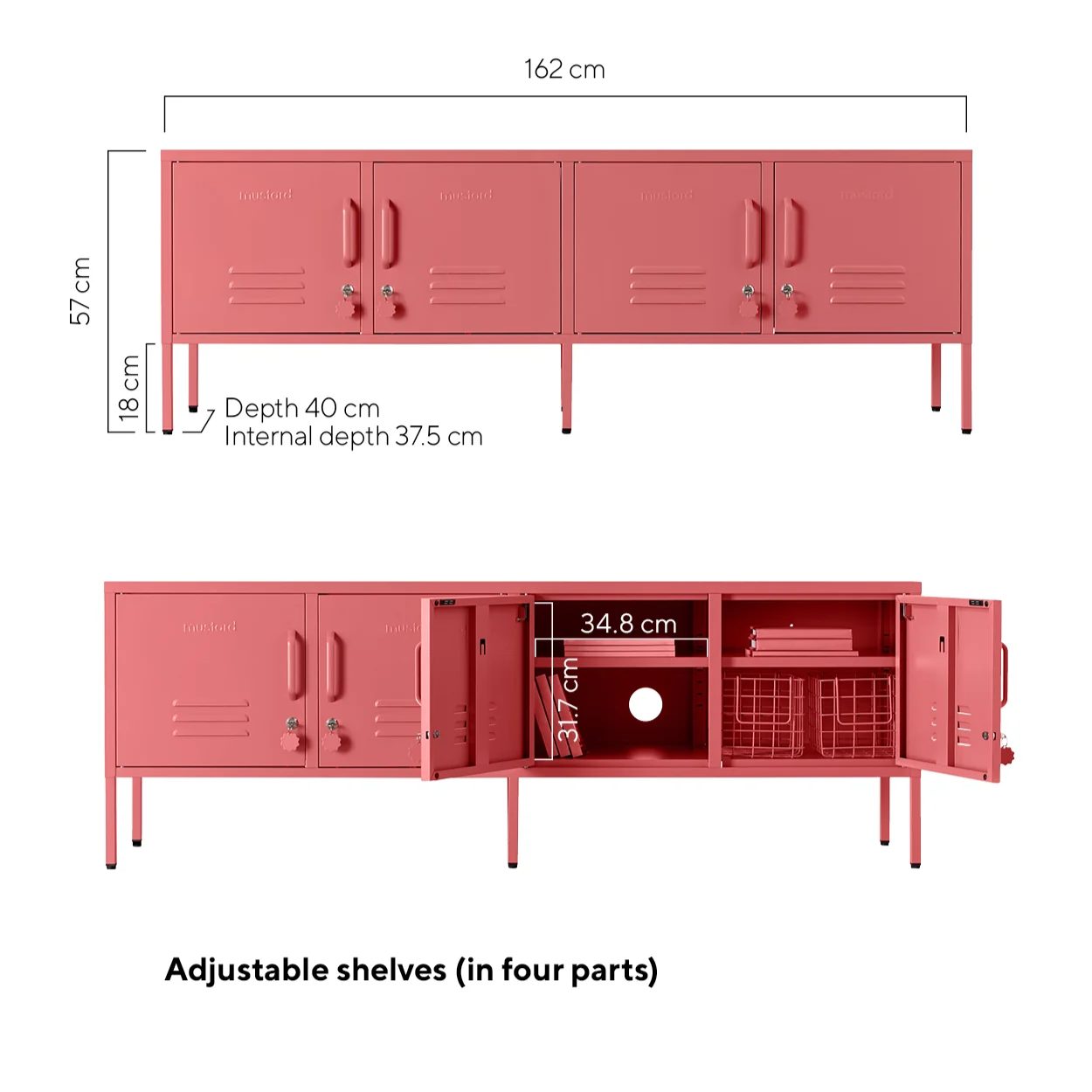 Red storage unit with dimensions labeled on a white background