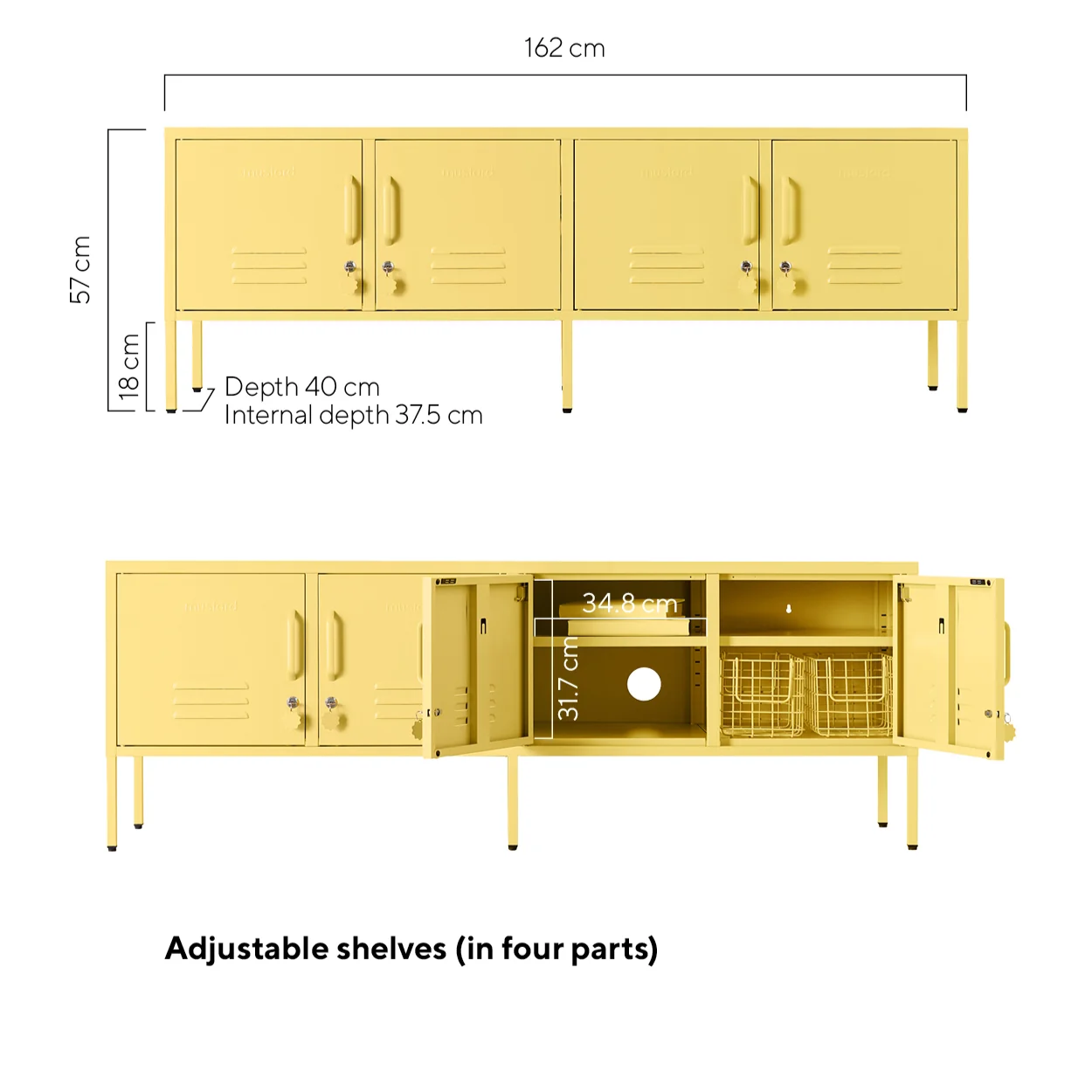 Yellow locker-style cabinet with dimensions and adjustable shelves indicated on a white background.