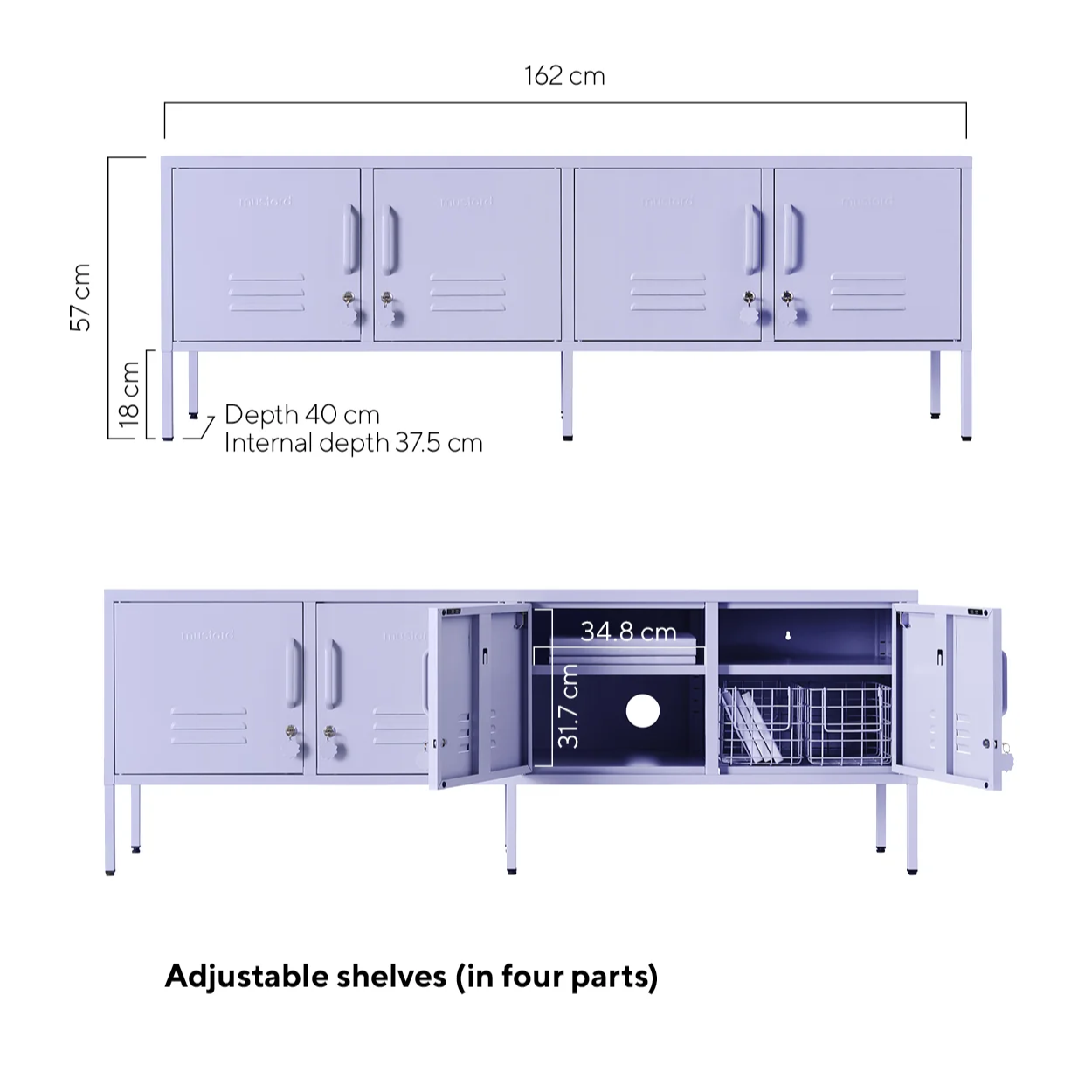 Cabinetry dimensions diagram with adjustable shelves on a white background