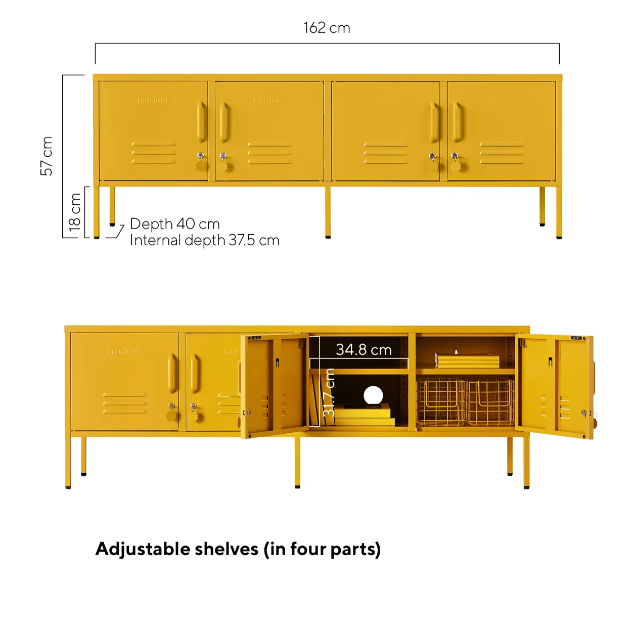 Yellow locker-style cabinet with dimensions on a white background