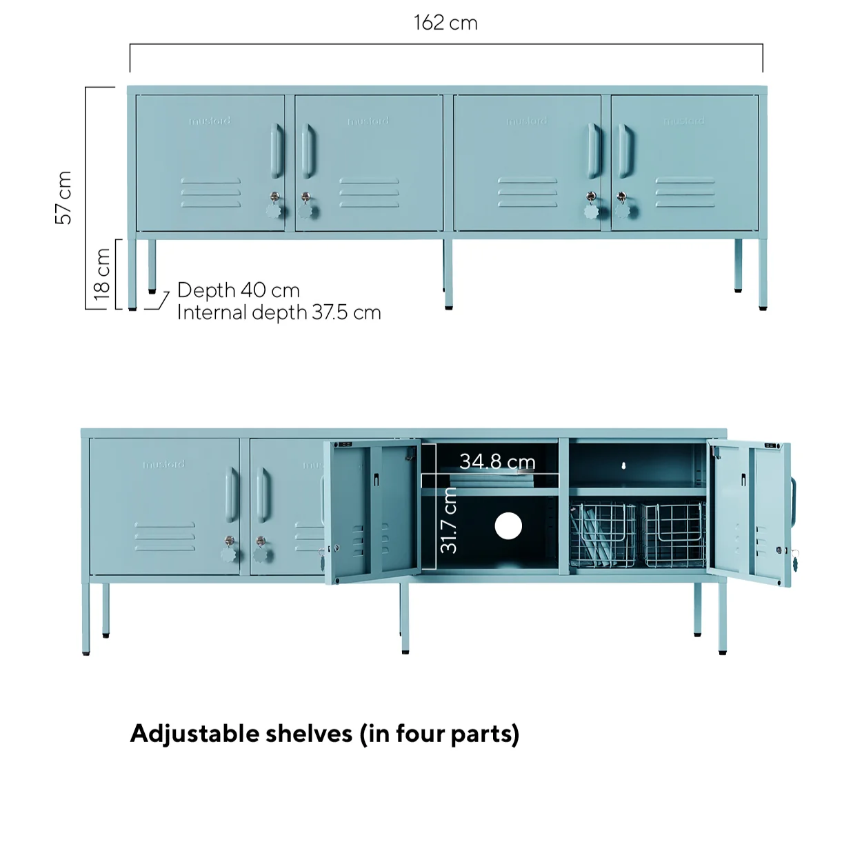 Dimensions of a blue storage unit with adjustable shelves on a white background