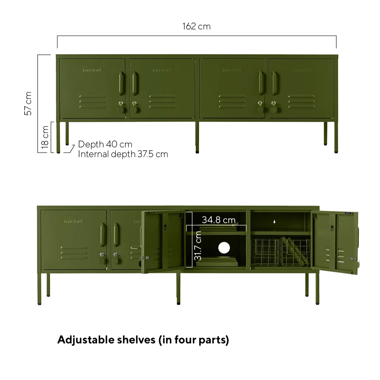 Green storage unit with dimensions labeled on a white background