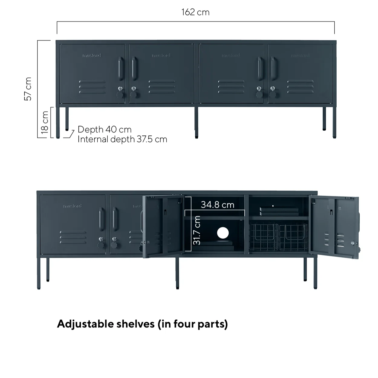 Dimensions of a black locker-style cabinet with adjustable shelves on a white background.