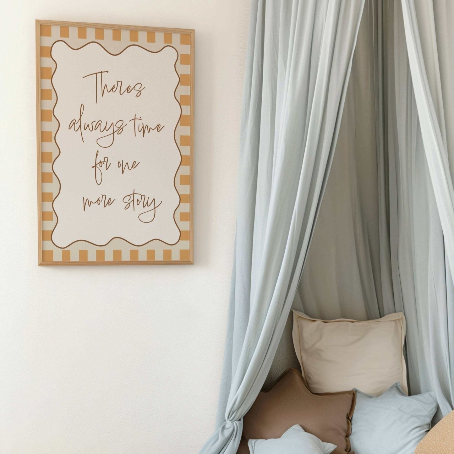 Children's bedroom with a bed, teddy bear, and framed quote on the wall.
