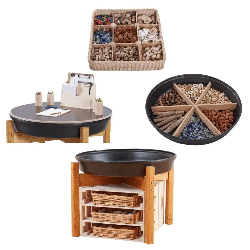 Collage of a wooden and metal spice rack with various compartments filled with spices.