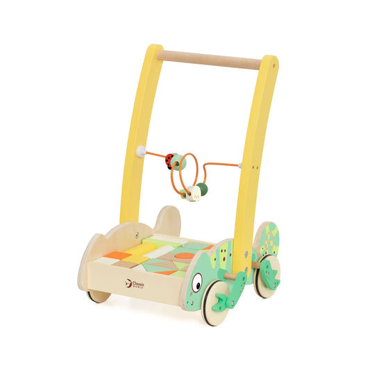Wooden toy walker with wheels and a handle on a white background