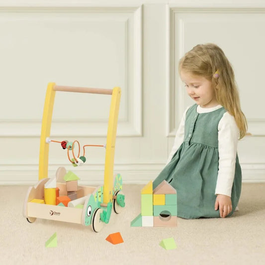 Child playing with a wooden toy on a beige carpet