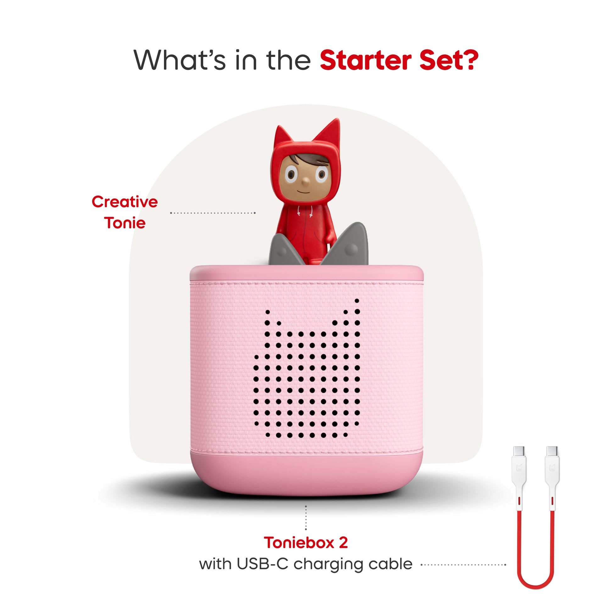 Toniebox 2 with USB-C charging cable and Creative Tonie on a white background
