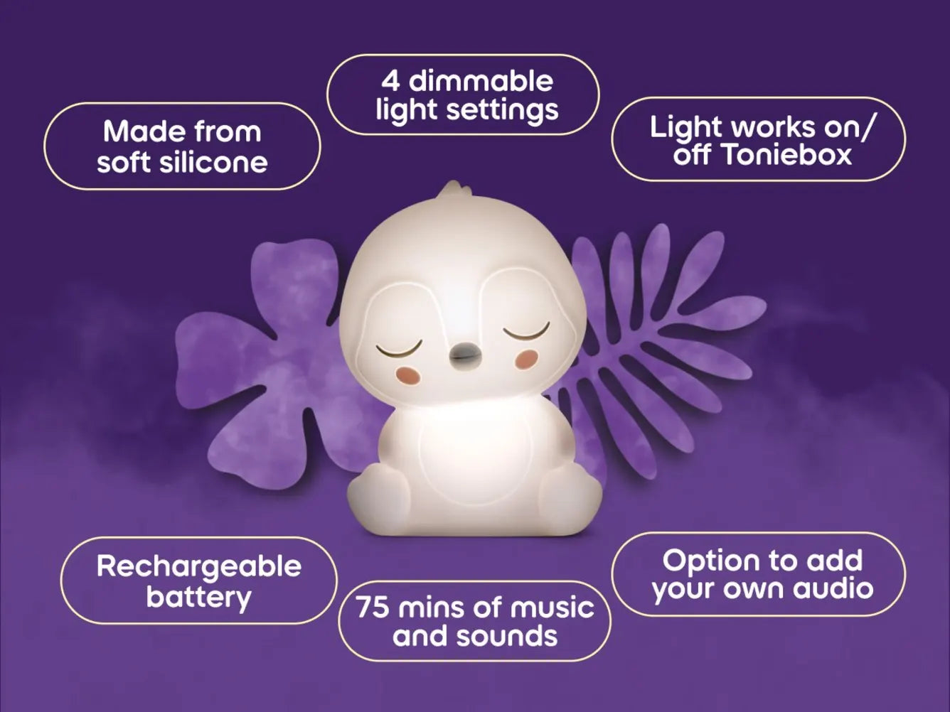 White silicone night light with purple leaves on a purple background, featuring text about its features.