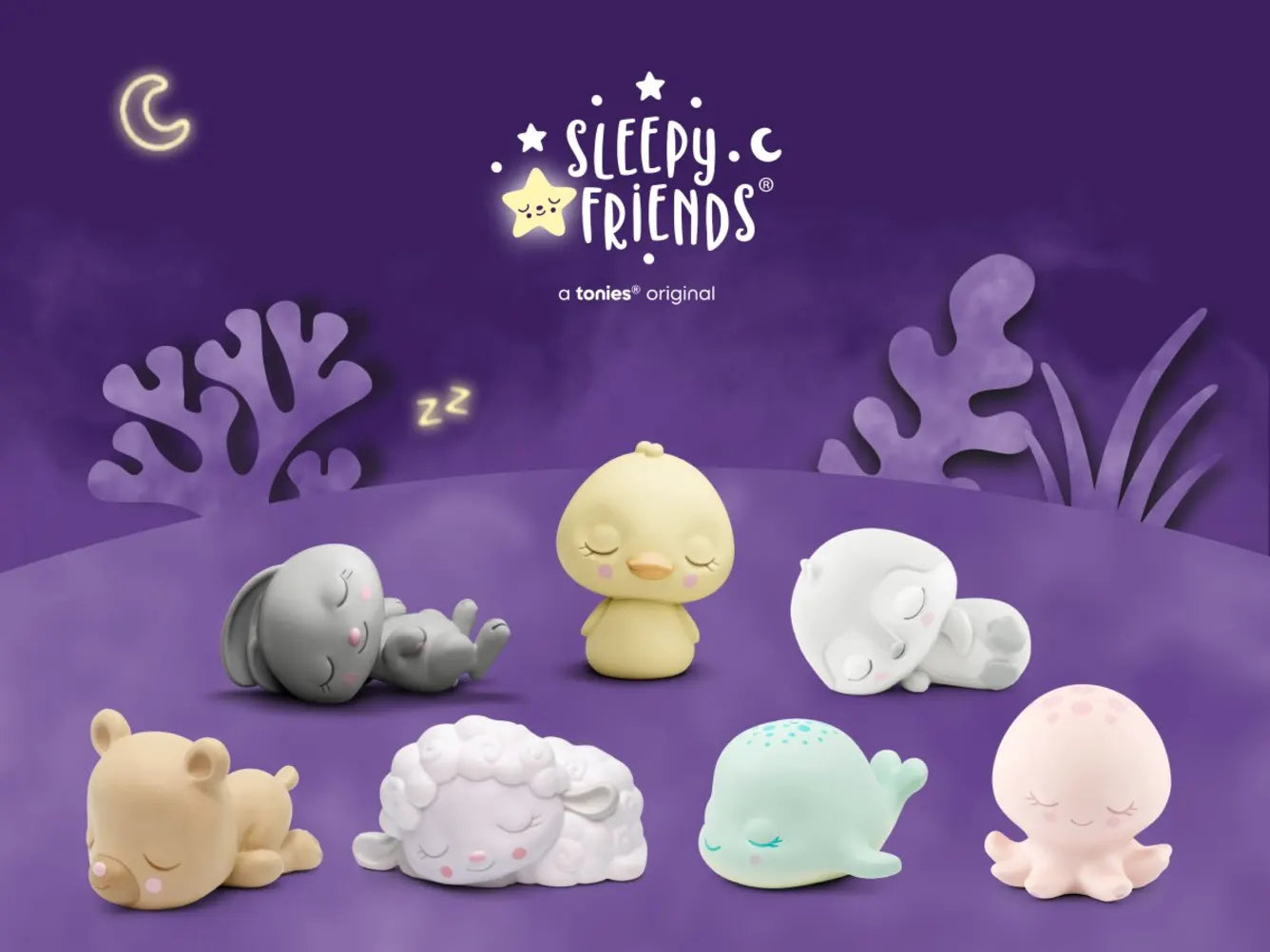 Set of 'Sleepy Friends' toys on a purple background with the brand logo.