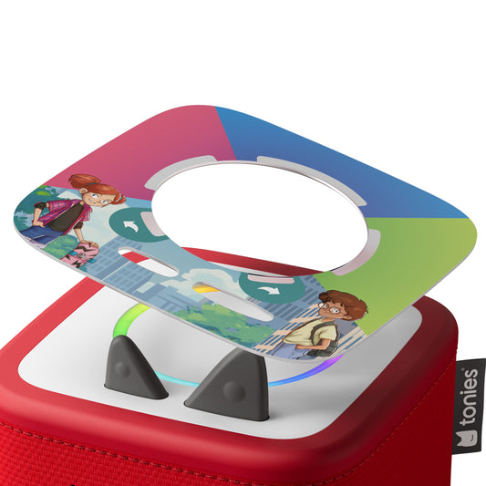 Colorful toy with cartoon characters on a white background