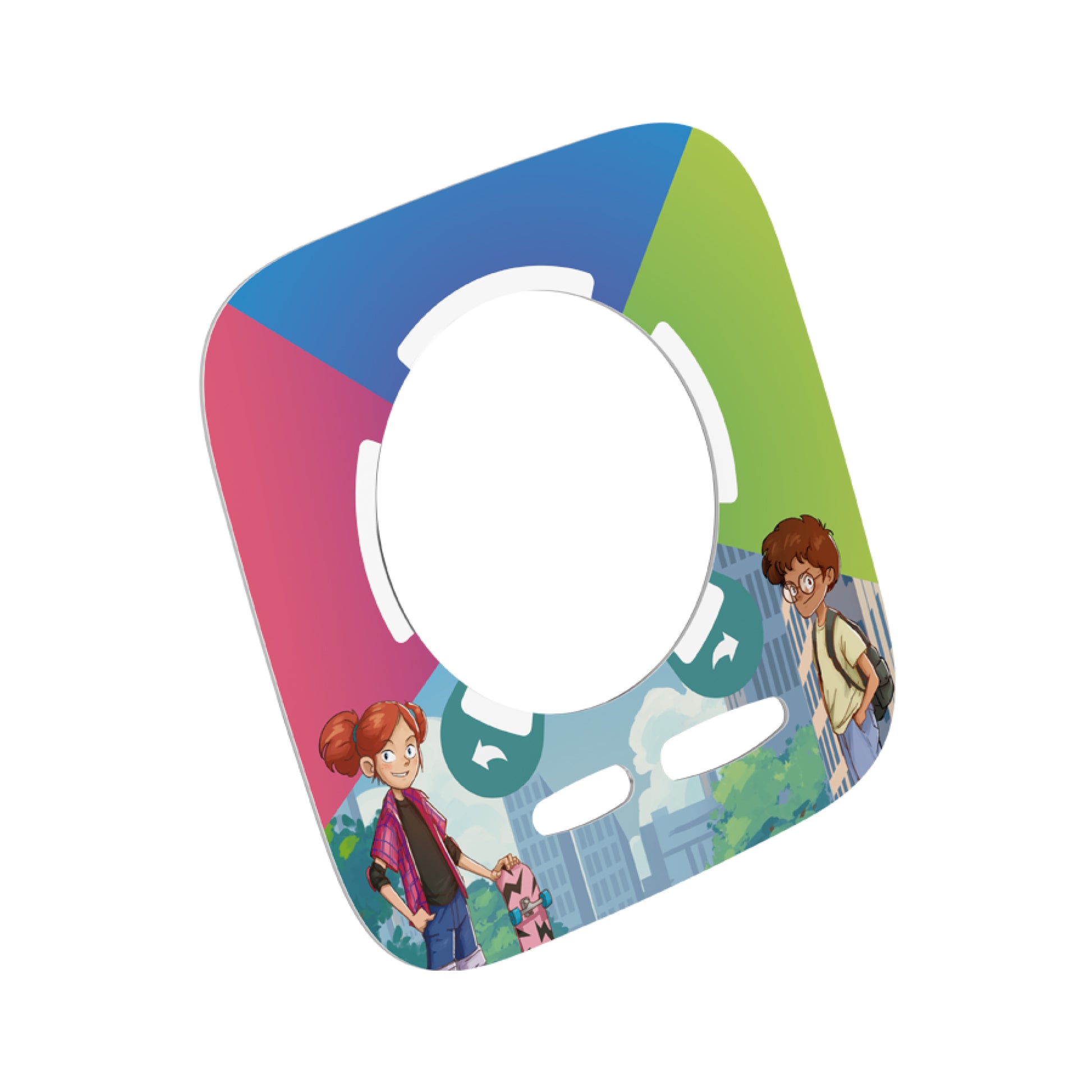 Colorful children's product with cartoon characters on a white background