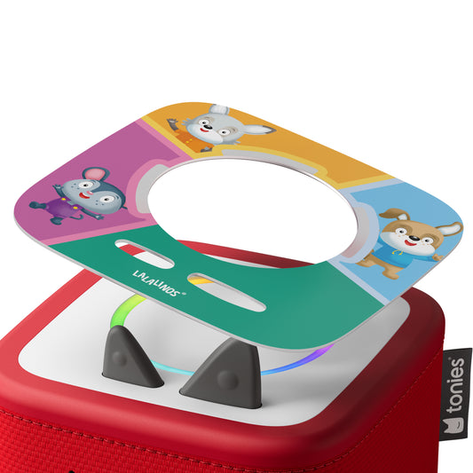 Colorful toy with animal illustrations and a red base, featuring the Tonies brand.