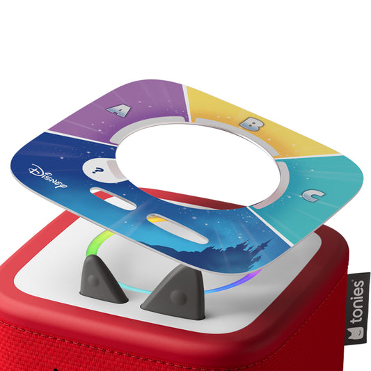 Colorful toy disc with a red base and Disney logo on a white background