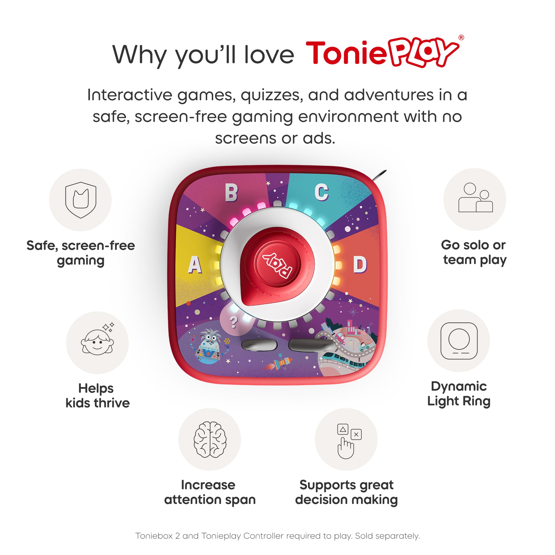 ToniePlay product with features listed on a white background