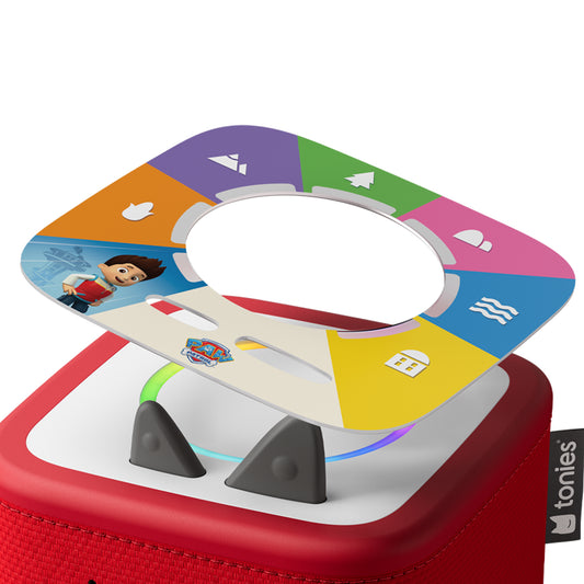 Colorful toy with a red base and 'tonies' branding on a white background