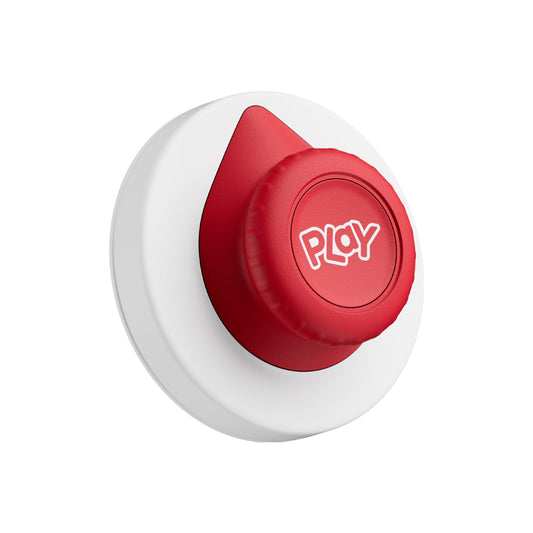 Red 'Play' button on a white background