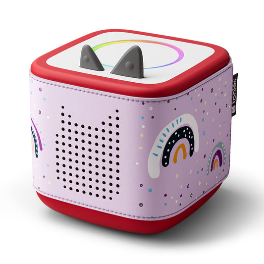 Children's toy with colorful design and red border on a white background