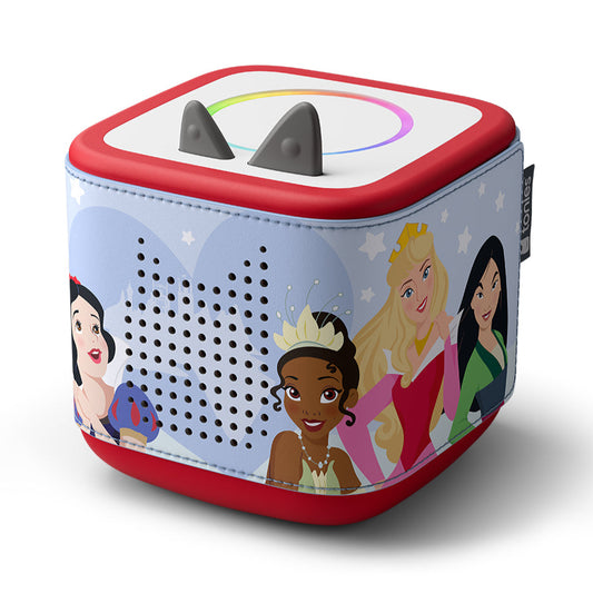 Square electronic device with cartoon characters on a white background
