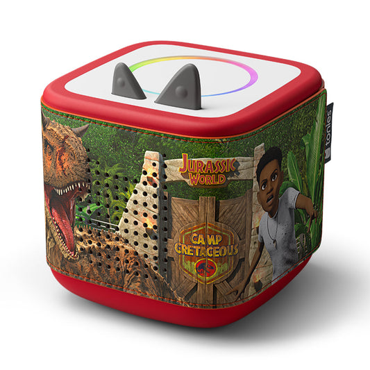 Cube-shaped toy with 'Jurassic World' design featuring dinosaurs and a child.