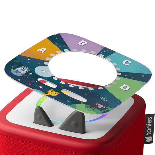 Children's educational toy with colorful spinning top and red base