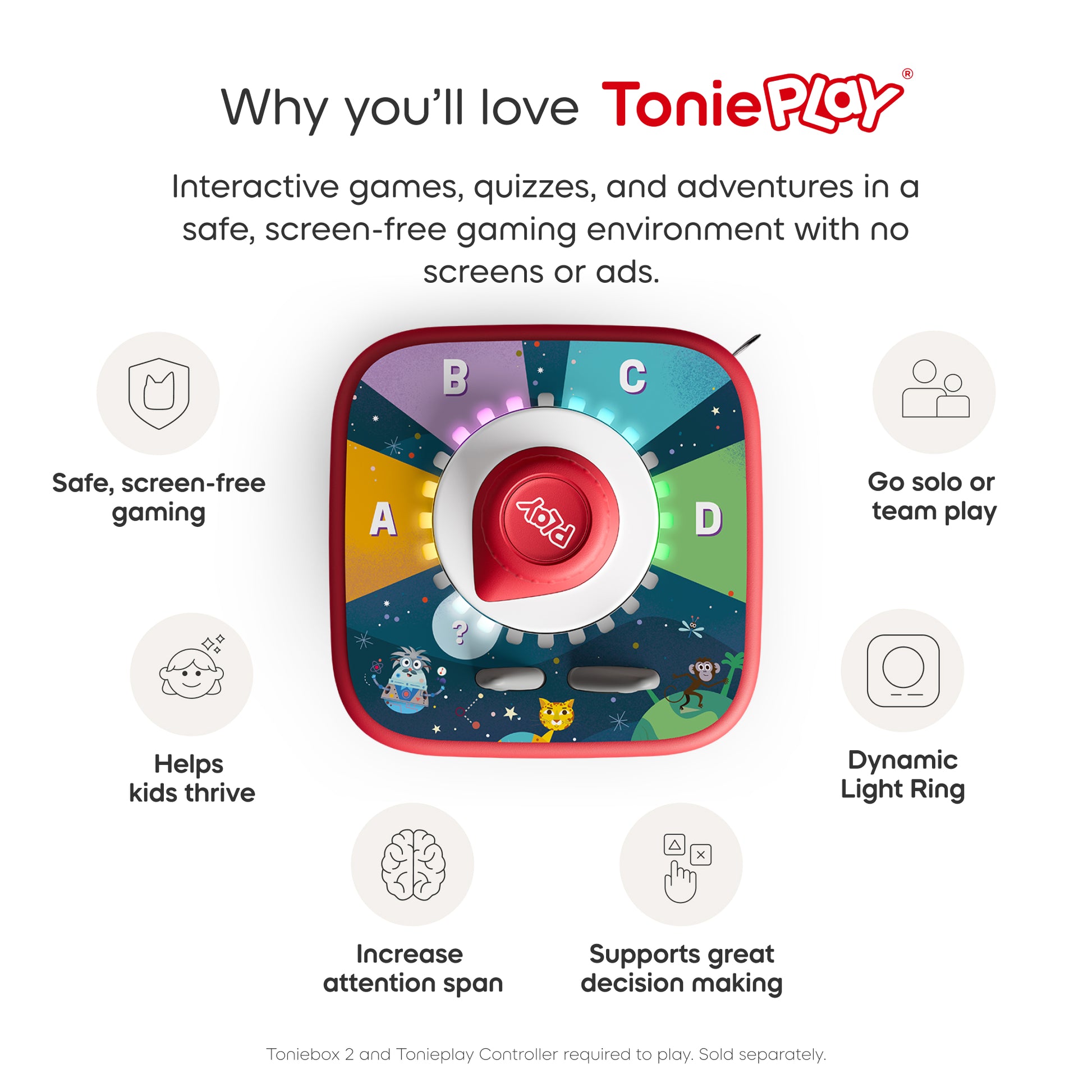 ToniePlay product with features listed on a white background