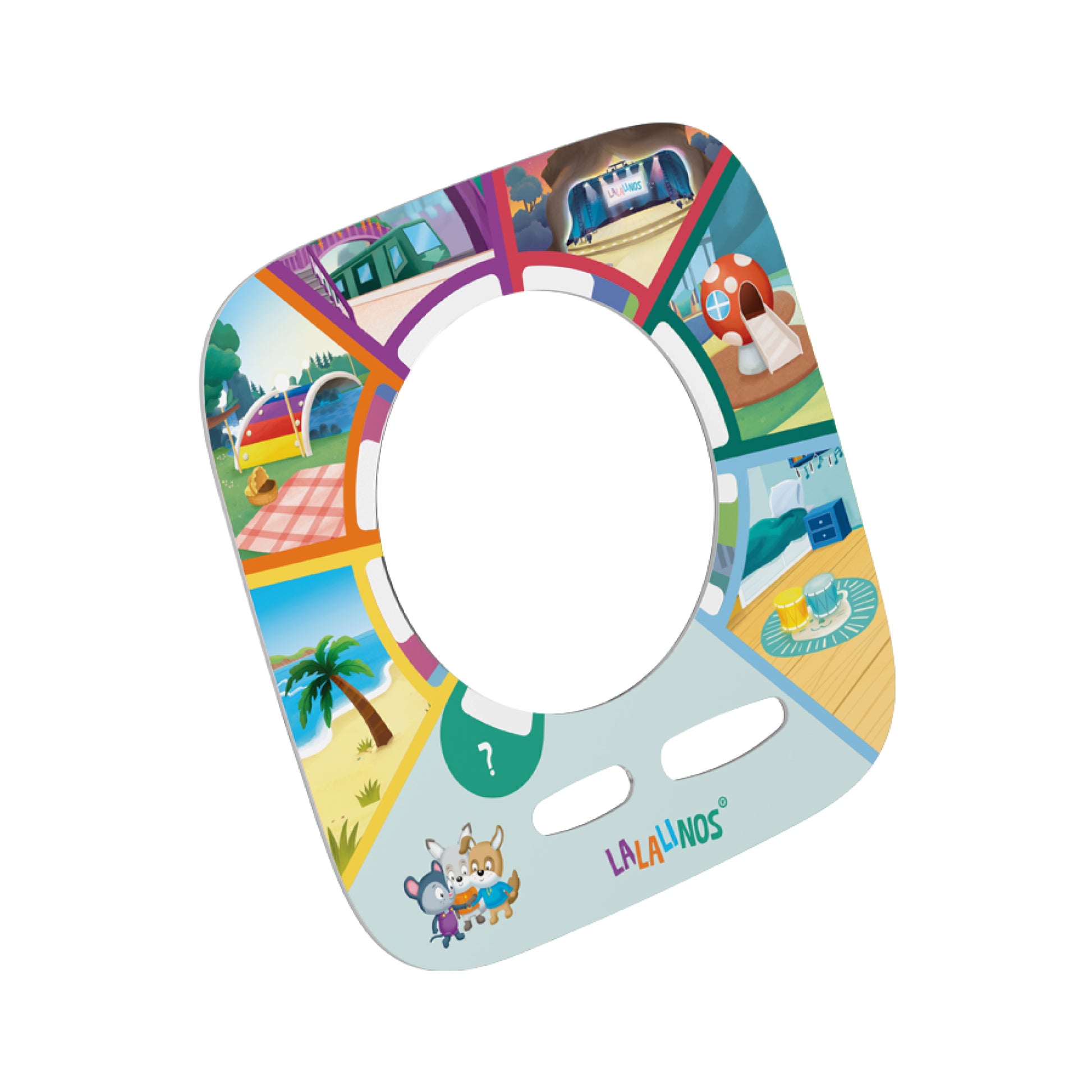 Colorful children's toilet seat with various scenes and 'Lalaland' branding on a white background.