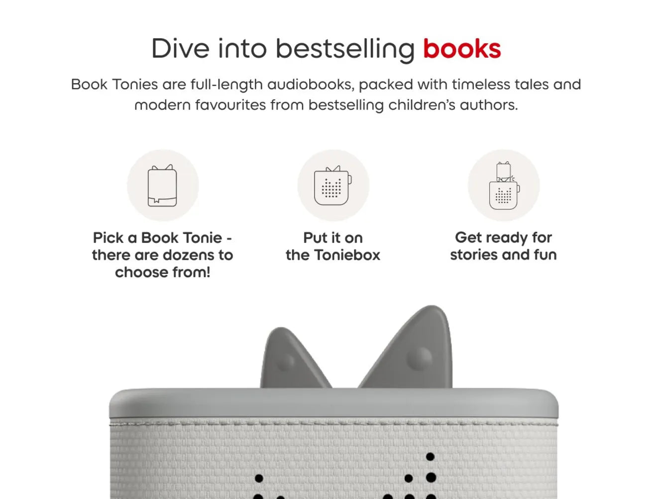 Advertisement for Book Tonies with a gray box and text about audiobooks.