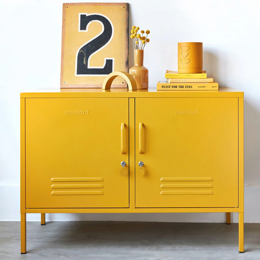 Yellow locker with toys on top