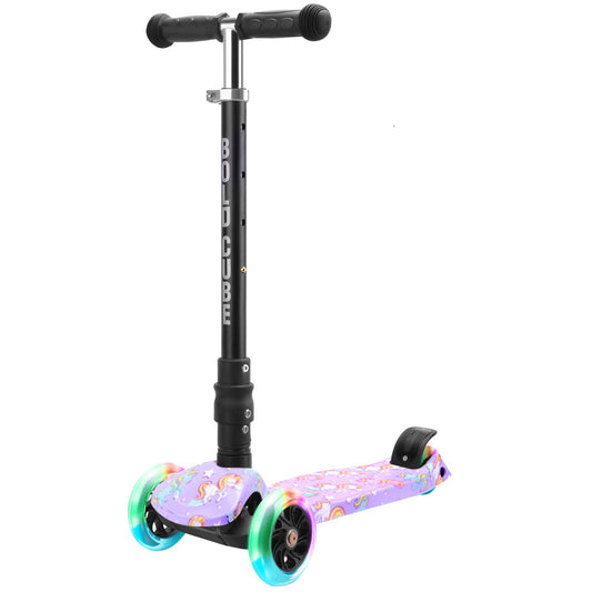 Children's scooter with colorful wheels on a white background