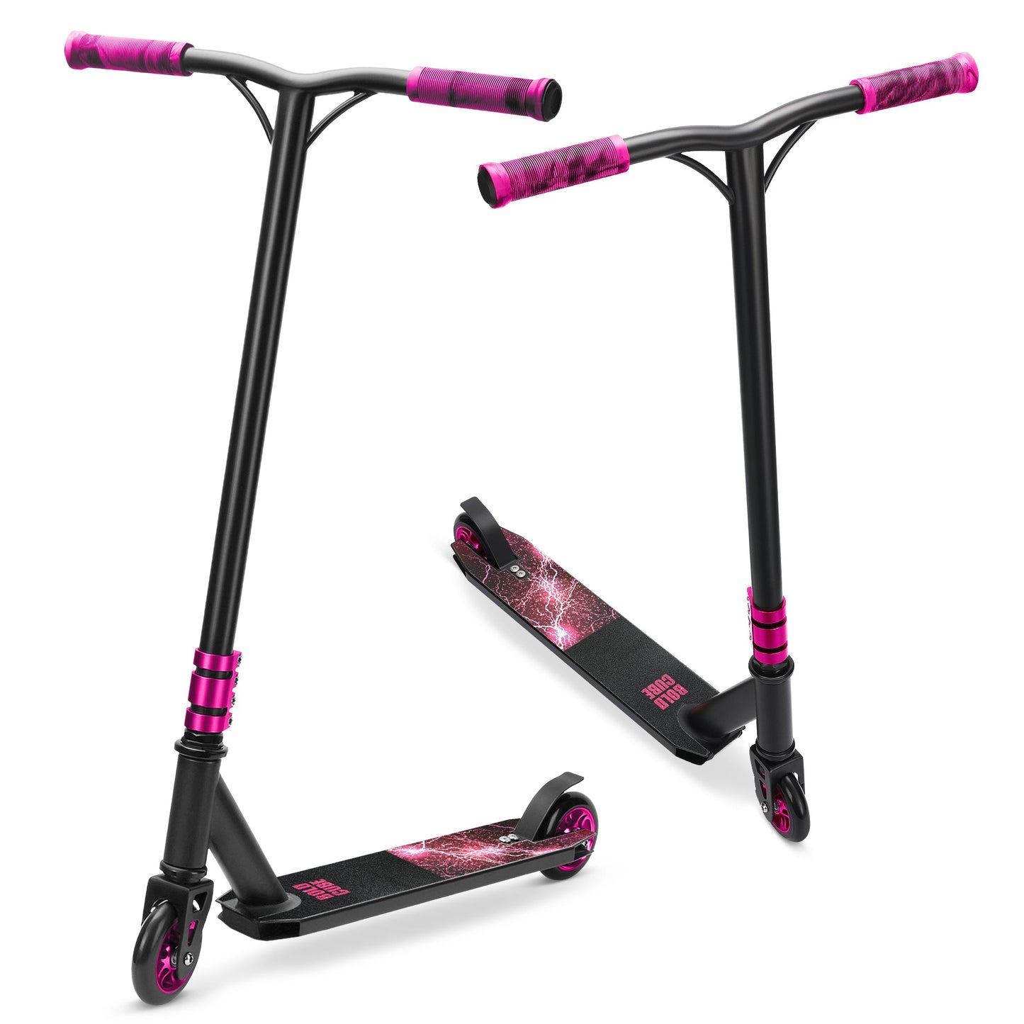 Black and pink scooter with a white background