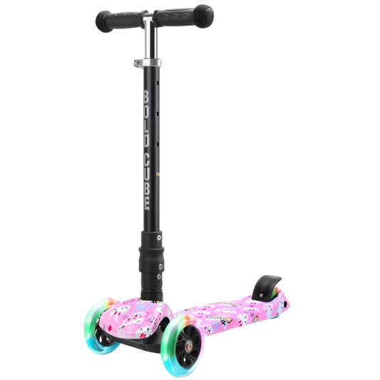 Children's scooter with pink deck and colorful wheels on a white background