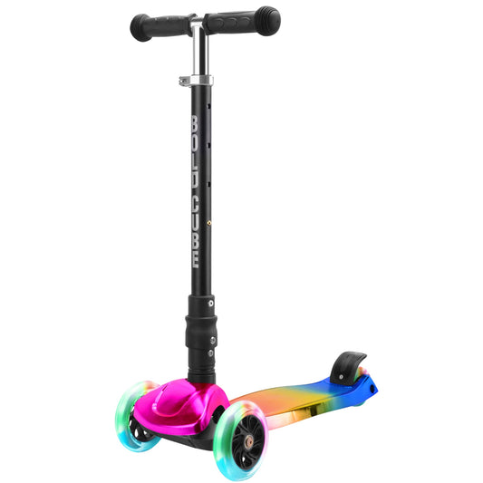 Children's scooter with colorful wheels on a white background