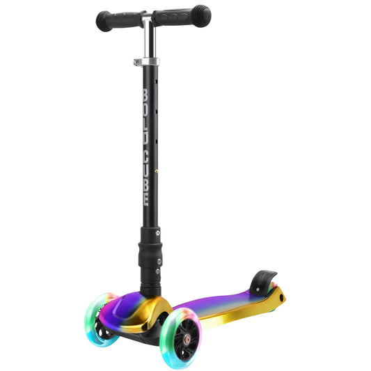 Children's scooter with rainbow wheels on a white background