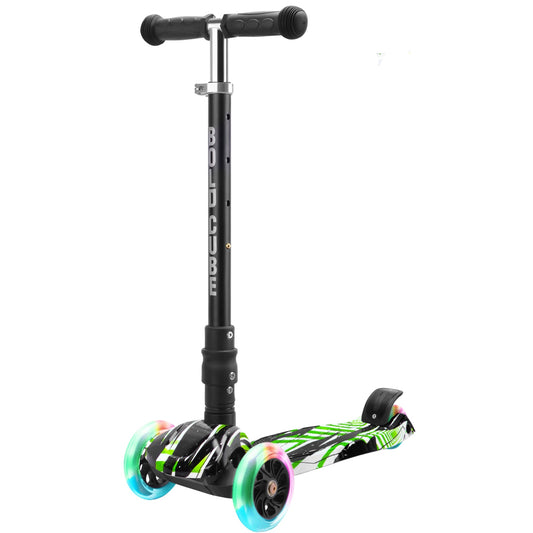 Children's scooter with colorful wheels on a white background