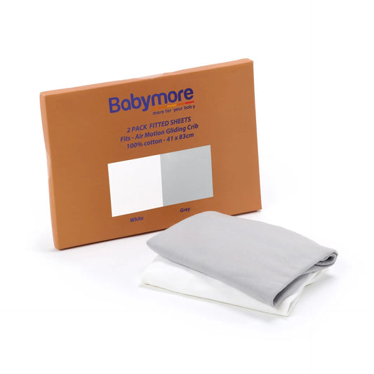 Babymore fitted sheets packaging with a white sheet on a white background
