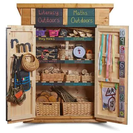Wooden educational cabinet with open doors displaying various educational materials and tools.
