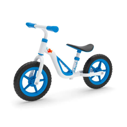 White balance bike with blue wheels on a white background